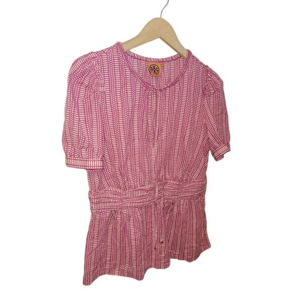 Tory Burch Ruth Wild Orchard Blouse Short Sleeve Top Pink Fuchsia 10 - Picture 5 of 14
